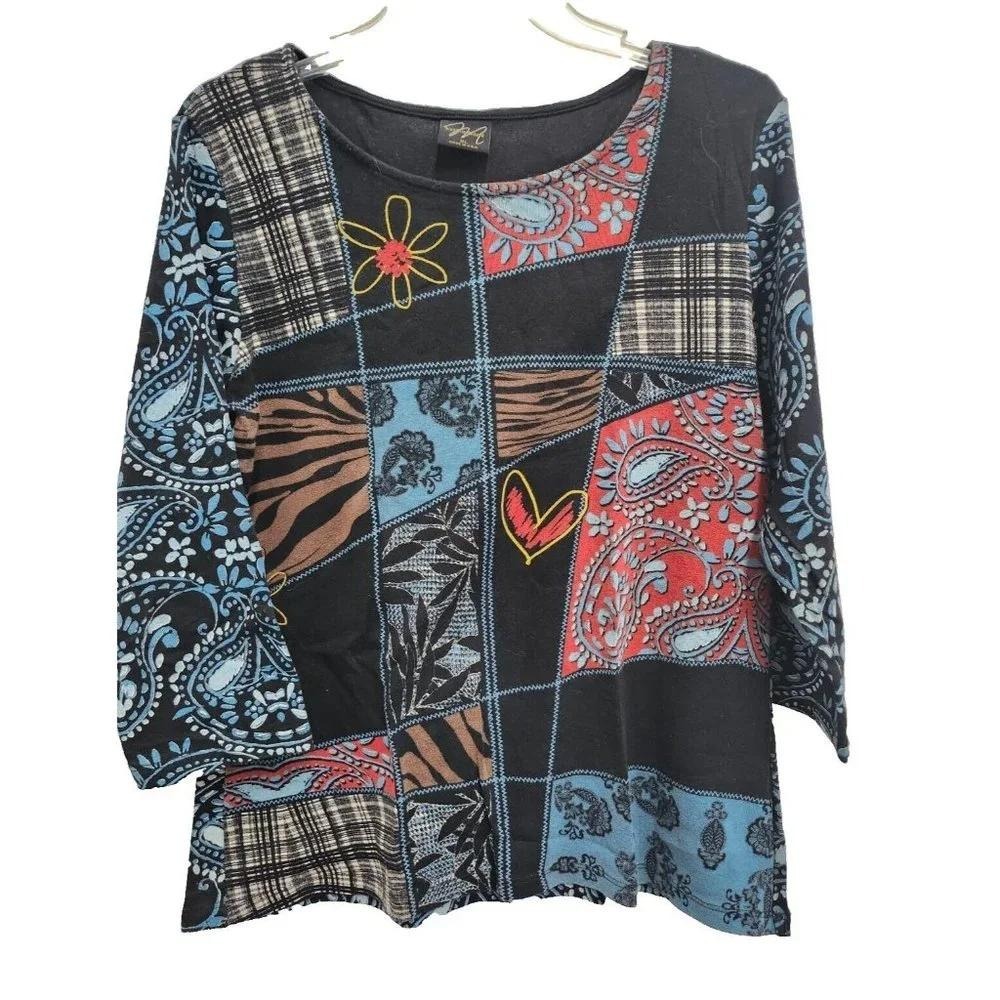 Katina Marie Wearable Art Top Womens XL Black Blue Paisley Patchwork 3/4 Sleeve